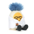 plush toy: boiled egg with blue hair, wearing glasses and a white lab coat embroidered with an orange Jellycat logo