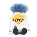 plush toy: boiled egg with blue hair, wearing glasses and a white lab coat embroidered with an orange Jellycat logo and black chord legs