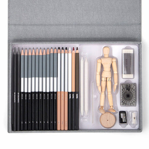 Contents of Emerging Artist Essentials set, including pencils and wooden mannequin.