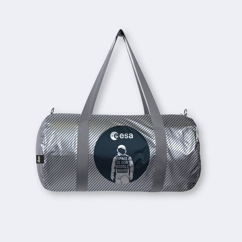 Gray duffel bag with ESA logo and astronaut graphic on a white background