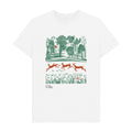 White t-shirt with a nature-themed graphic featuring deer and trees on a white background