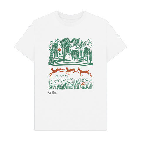 White t-shirt with a nature-themed graphic featuring deer and trees on a white background