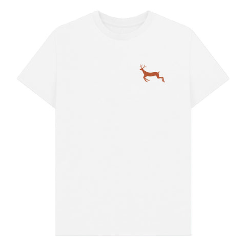 White t-shirt with a small red deer emblem on a white background