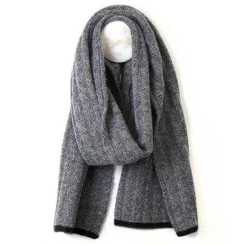 Grey ribbed scarf with black trim.