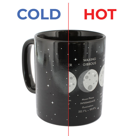 Split image showing the heat change mug when cold and hot. 