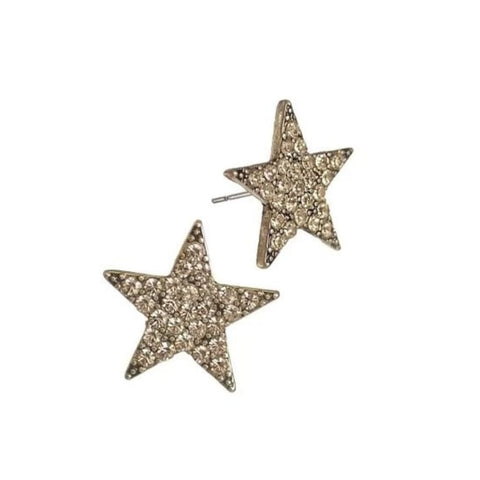 Star-shaped earrings with a sparkling design on a white background