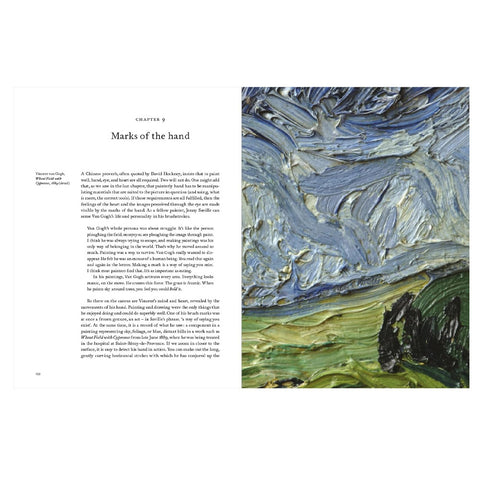 Book page with text and a section of Van Gogh's 'The Starry Night' painting.