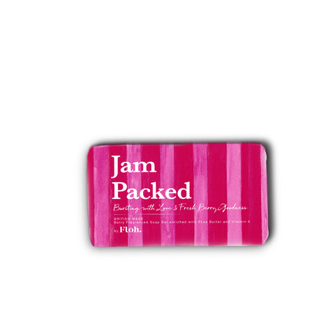 Bar of soap with 'Jam Packed' text and pink stripes 