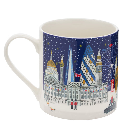 White mug with a colourful illustration of snowy London scenes.