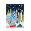 Illustration of London landmarks with a Christmas theme, including a red bus and festive decorations.