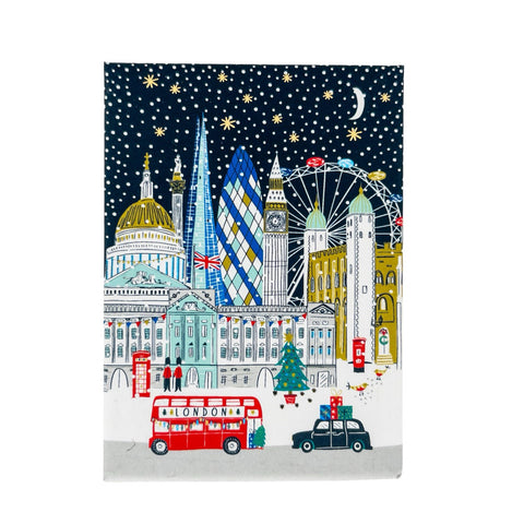 Illustration of London landmarks with a Christmas theme, including a red bus and festive decorations.