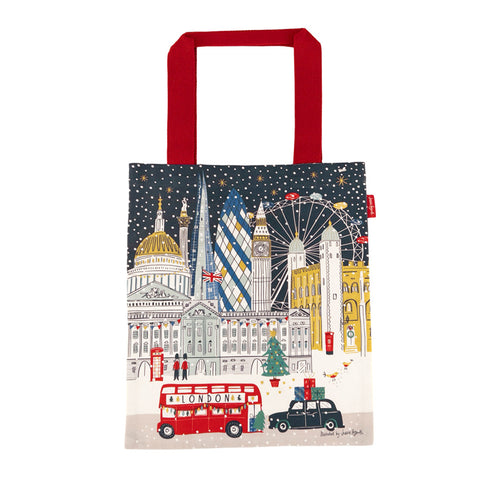 Tote bag with London-themed design featuring iconic buildings and a red bus.