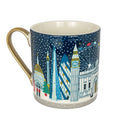 Mug with a London cityscape design featuring famous landmarks on a blue background.