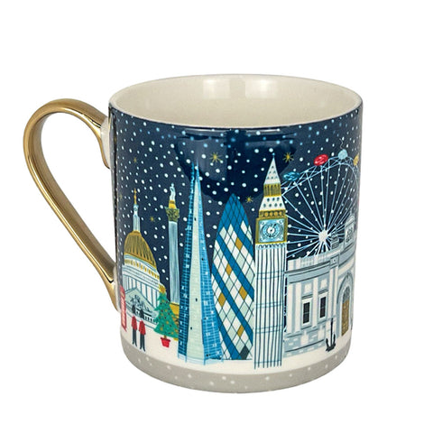 Mug with a London cityscape design featuring famous landmarks on a blue background.