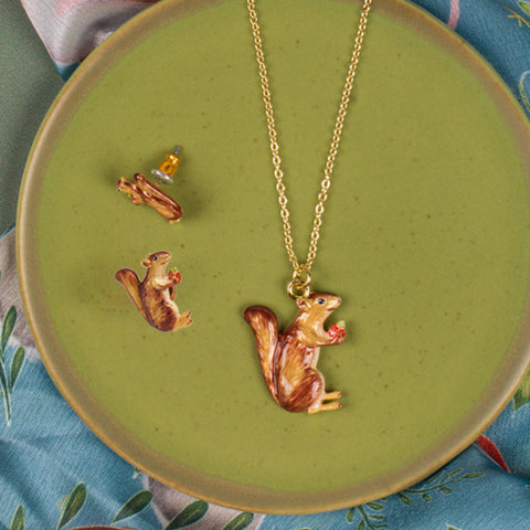 Squirrel-themed necklace and earrings.