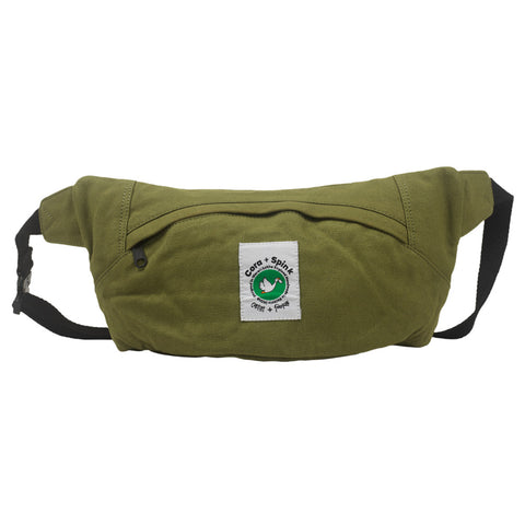 Green waist bag with a visible brand label 