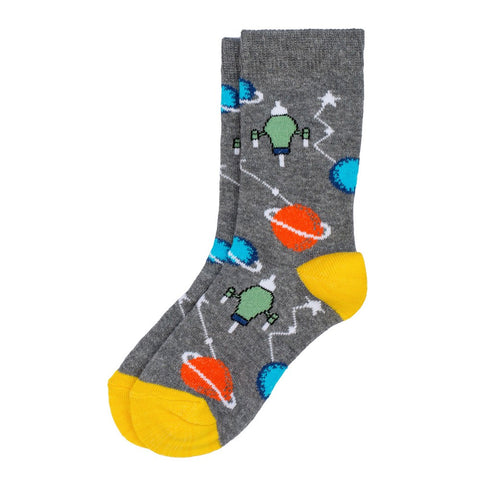 Grey and yellow socks with planets and spaceships design.