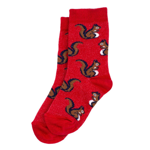 Red sox with a repeating brown squirrel design.