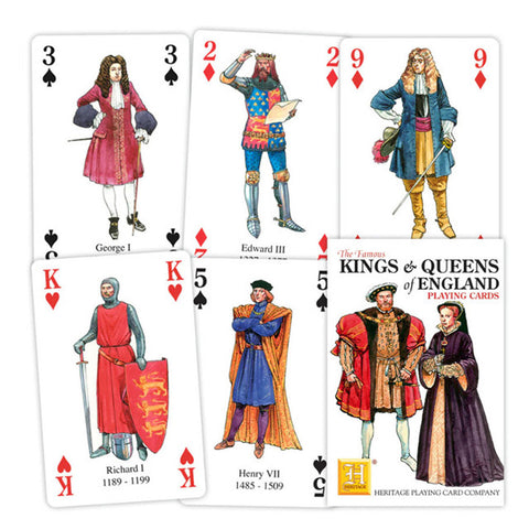 Illustrated playing cards featuring kings and queens.