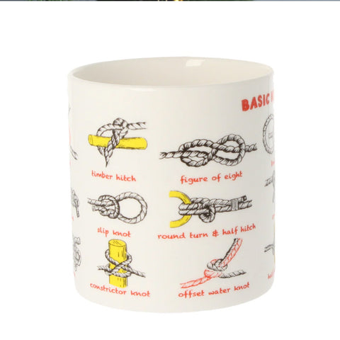 Ceramic mug with illustrations of various knots on a white background