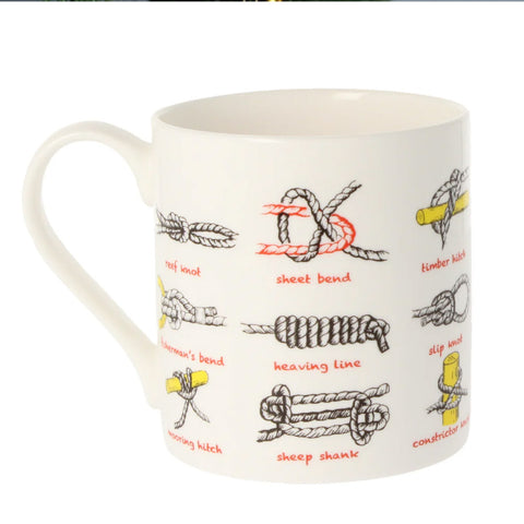 White mug with rope knot illustrations and labels on a white background