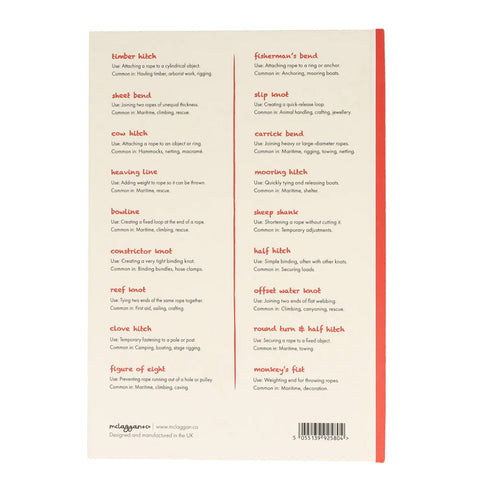 Back cover of a book with knotting terminology list 