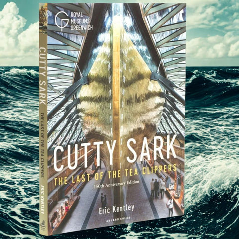Book titled 'Cutty Sark: The Last of the Tea Clippers' by Eric Kentley with a ship illustration on the cover, set against a background of ocean waves.