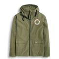 Green jacket with a brand logo on a the chest