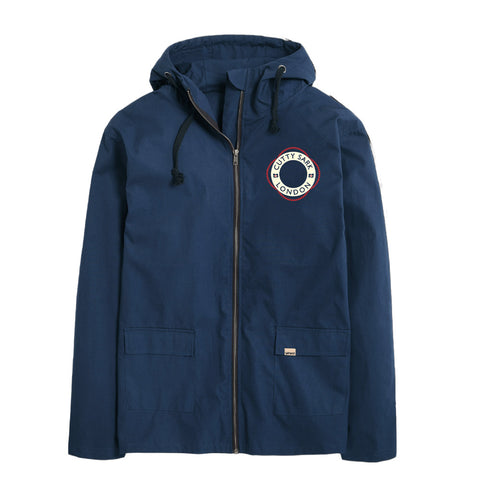 Blue jacket with a brand logo on 