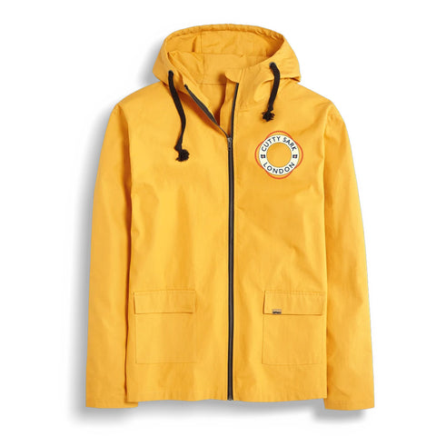 Yellow raincoat with a brand logo on 