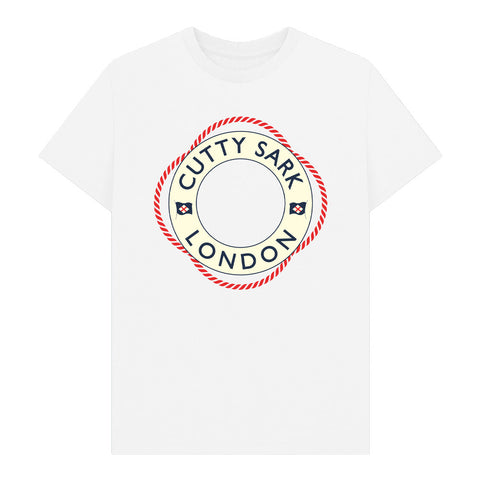White t-shirt with Cutty Sark London logo on a white background