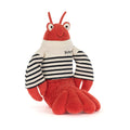 Plush toy lobster with a striped jumper