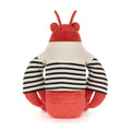 Plush toy lobster with red body, white and black striped jumper