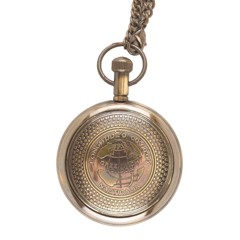 Back of brass pocket watch with chain.