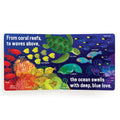 Children's book ocean-themed illustrations and text on a blue background