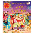 Book cover of 'Welcoming the Lunar New Year' with children and a dragon, colorful design.