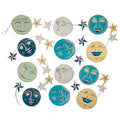 Decorative paper garland with blue, gold silver and green round moons and star designs 