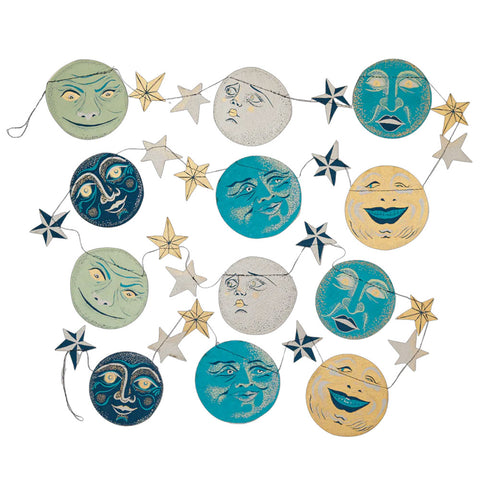 Decorative paper garland with blue, gold silver and green round moons and star designs 