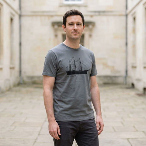 man wearing a t-shirt with Cutty Sark silhouette image printed on the chest