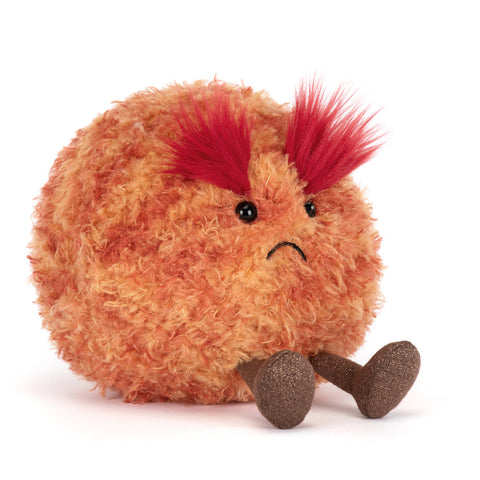 round, orange and red plush ty with fiery eyebrows and gold legs
