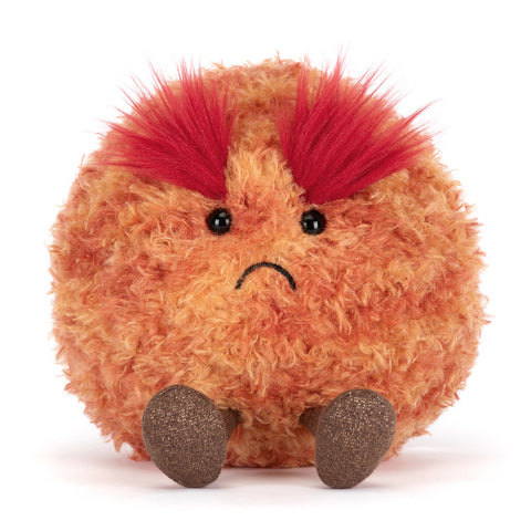 round, orange and red plush ty with fiery eyebrows and gold legs and a grumpy face