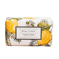 A rectangular bar of soap wrapped in paper featuring a botanical illustration of Meyer lemons and leaves on a white background, with a central label reading 'Meyer Lemon' and 'Toasted Crumpet'.