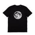 Black t-shirt with a silver moon emblem  printed on the centre of the chest