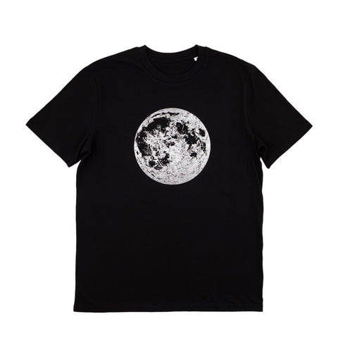 Black t-shirt with a silver moon emblem  printed on the centre of the chest