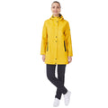 model wearing a yellow waterproof jacket