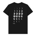 Black t-shirt with moon phase design on a white background