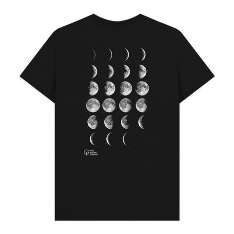 Black t-shirt with moon phase design on a white background