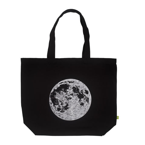 Black tote bag with a silver moon graphic on
