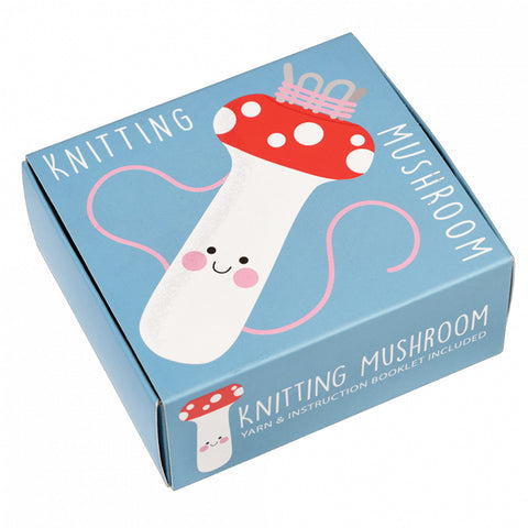 Knitting Mushroom box with white and red mushroom illustration.