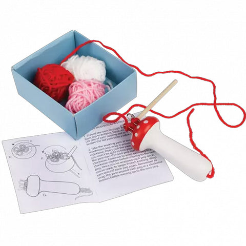 Contents of the Knitting Mushroom box, including wool and instructions.